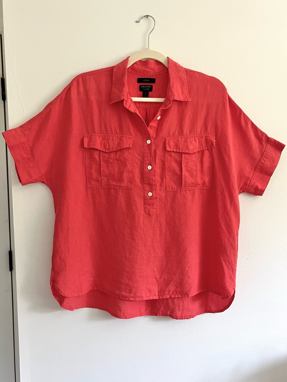 J. Crew Baird McNutt Irish Linen Coral Short-Sleeve Button Popover Blouse Shirt